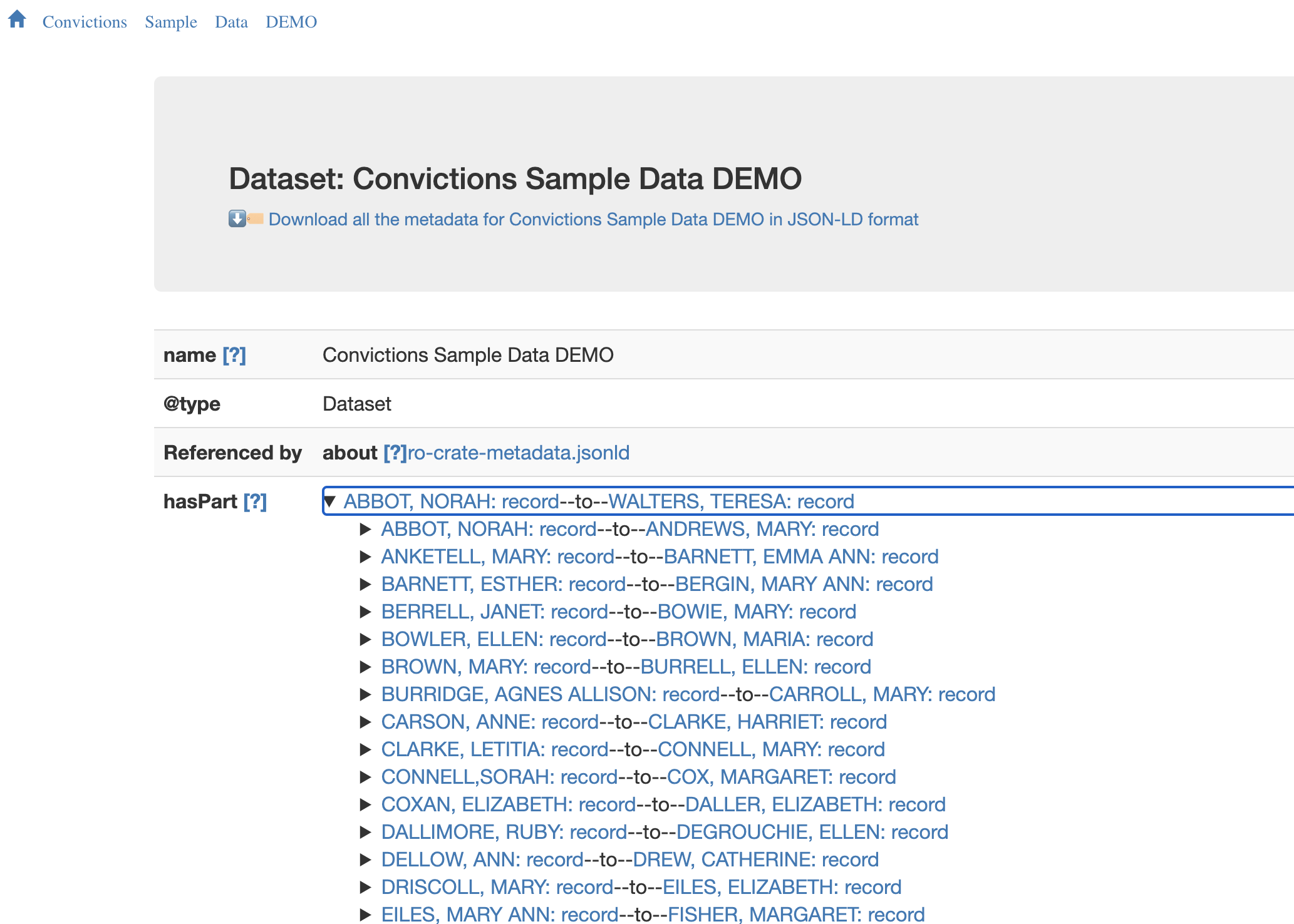 A screenshot of Criminal Characters data in the default RO-Crate HTML viewer