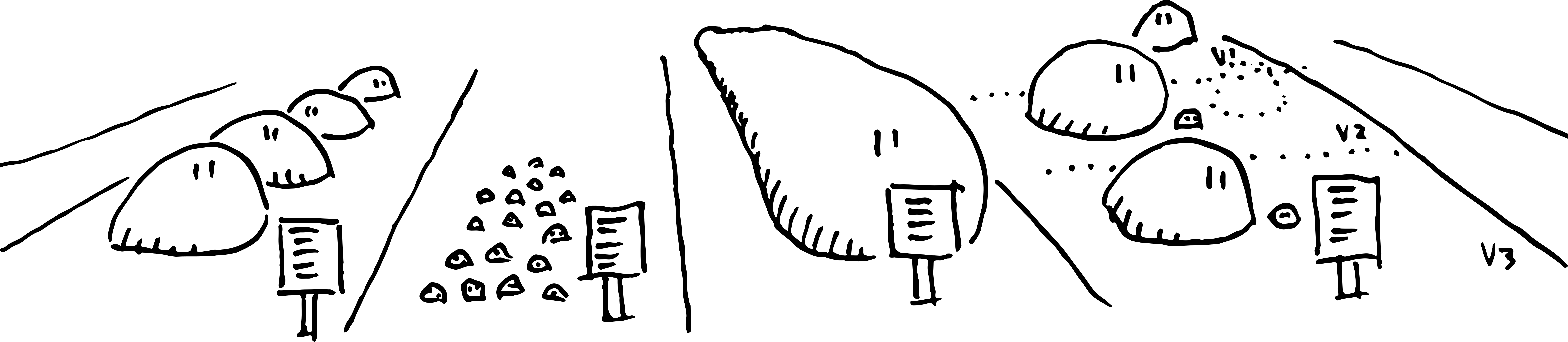 A cartoon representing an OCFL repository as a set of parallel fields containing lumps representing data payloads