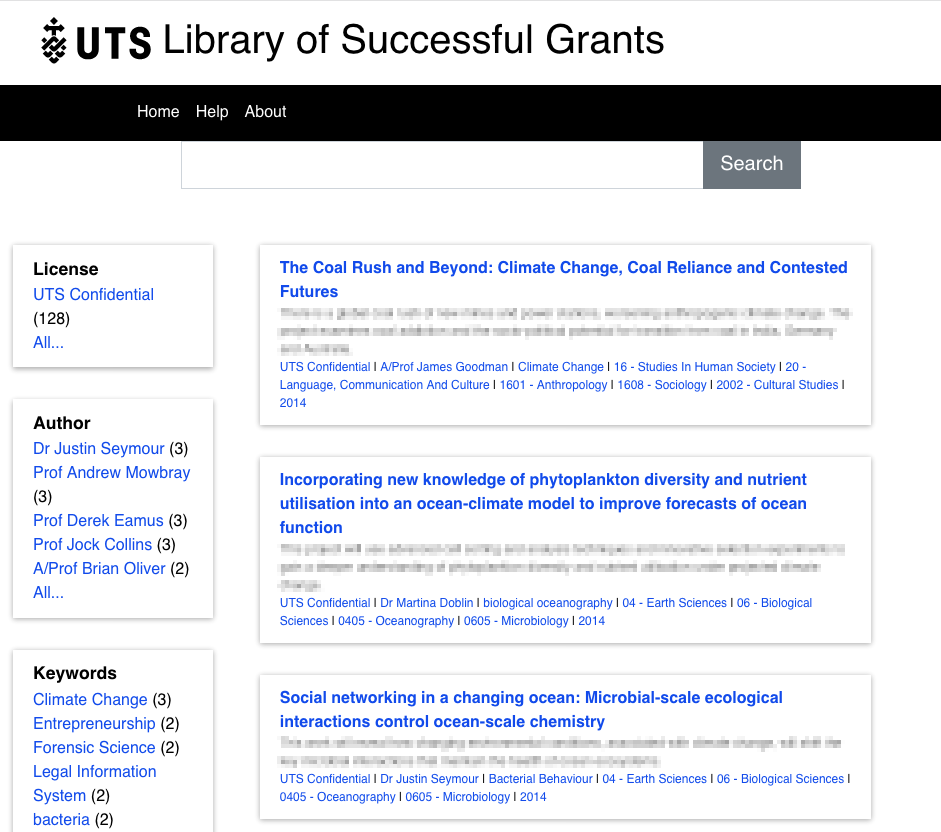 A screenshot of the UTS Library of Successful Grants repository built using the Oni portal software.